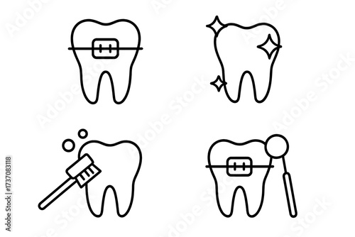 Dentistry and orthodontics line icon set. Dental care concepts including tooth with braces, cleaning, whitening, and oral check-up. Minimal vector pictogram for web design.