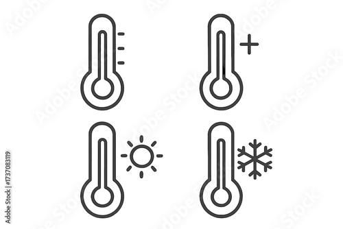 Set of minimalistic linear thermometer and temperature icons, including cold, hot, sun, and plus signs, modern vector pictogram for web, apps, banners, social media, and graphic design