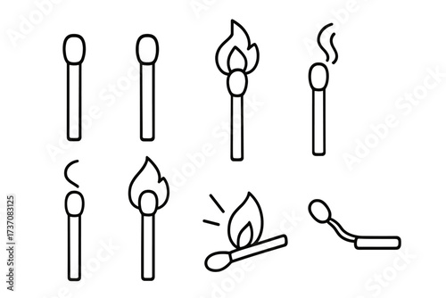 Matchstick burning sequence icon set. Vector outline illustration of matches from ignition to burnt. Fire, flame, smoke, spark symbols for design. Metaphor for idea, danger.