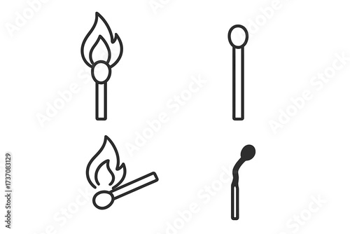 Matchstick icon set in outline style. Vector collection showing the process of burning: a new, lit with fire, and burnt out match. Symbol of flame, ignition, heat, and danger.