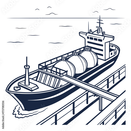 Stylized illustration of a cargo ship with spherical tanks docked at a pier in the ocean