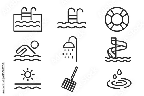 Minimalistic Swimming Pool Line Icons Set for Web and Graphic Design, Vector Pictograms Including Pool, Swimmer, Shower, Slide, Lifebuoy, Sun, and Water Drops for Apps and Banners