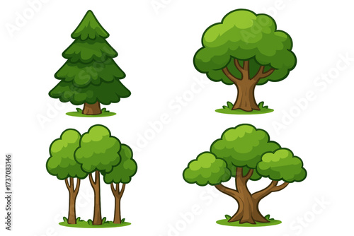 Tree set vector illustration. Cartoon forest elements collection. Green nature park and wood plant graphics. Isolated pine, fir, oak icons for web, app, game, book design.