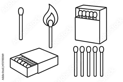 Matchstick and matchbox outline vector icon set. Linear graphic of a burning match with fire flame, open box and unlit matches. Ignition, danger, flammable concept for design.