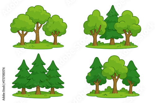 Cartoon trees set. Vector illustration of green deciduous and pine forest tree groups. Isolated nature park icon for web, book, app. Simple woodland graphic design elements.