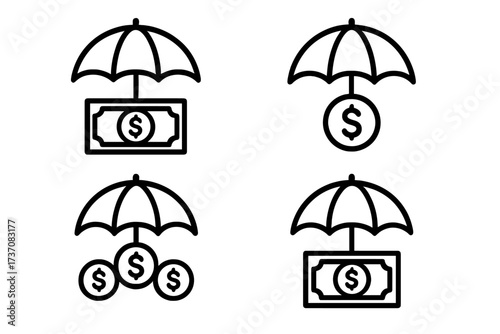 Set of money insurance line icons, protection symbols with dollar bills and coins under umbrella outlines, finance safety, investment security, financial shield design for apps and ads