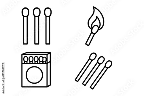Matchstick outline icon set. Linear vector illustration of a burning match with flame, an open matchbox, and unlit matches. Simple graphic design element for web and apps.