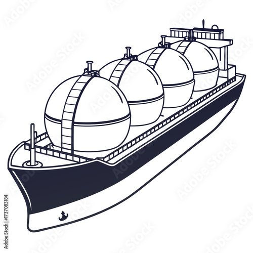 Stylized illustration of a large cargo ship carrying spherical tanks across the ocean