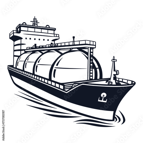 Stylized illustration of a large cargo ship carrying spherical tanks across the water