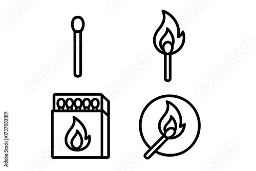 Matchstick outline icon set. Linear vector graphics of a burning match with flame, open matchbox, and flammable warning symbol. Fire, ignition, and danger concept for design.