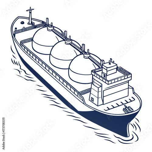 Stylized illustration of a large cargo ship with spherical tanks transporting liquefied natural gas across the ocean