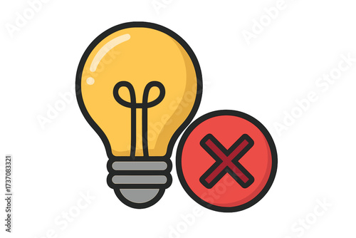 Bad idea concept icon. Rejected solution or failed innovation symbol. Light bulb with a red cross mark. Canceled creativity or wrong thinking metaphor. Error sign vector.