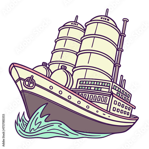Stylized illustration of a vintage sailing ship with tall masts and sails on a wavy sea