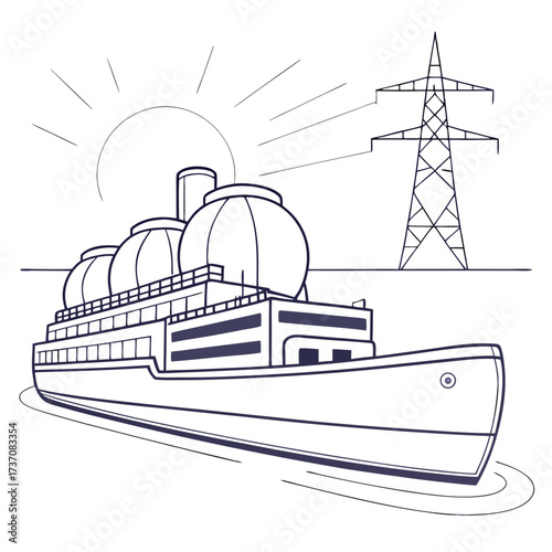 Stylized illustration of a large industrial ship with spherical tanks and a power line tower under a bright sun