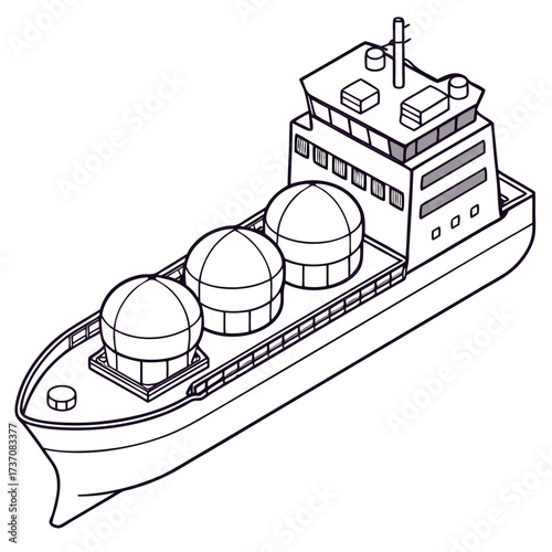 Stylized isometric line art illustration of a cargo ship carrying spherical tanks