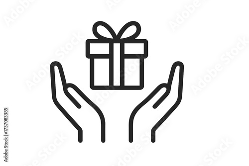 Gift in hands line icon. Concept of giving, receiving, donation, charity, support, care. Present, surprise, bonus, reward symbol. Minimalistic linear vector pictogram.