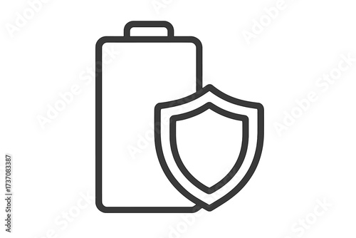 Battery protection icon. Power safety and energy security concept. Shield and accumulator symbol. Vector line illustration for reliable charge, durability, and guard. Secure life.