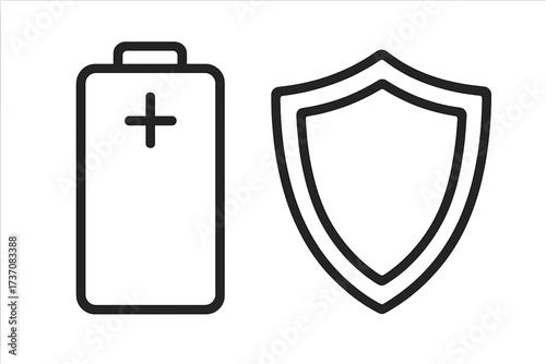 Battery and shield line icon set. Power protection concept. Energy security symbol. Vector illustration for safe charge, warranty, device safety. Outline guard pictogram.