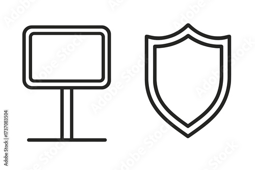 Security shield and blank billboard icon set. Vector outline for concepts of protection, safety, and information. Empty sign for advertising or messages. Guarantee and trust symbol.