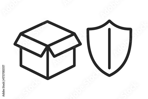 Package protection icon for safe shipping and delivery. Vector illustration of a box and shield, symbolizing secure cargo, warranty, and insurance for goods. Safety guarantee.