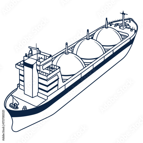 Stylized line drawing illustration of a large cargo ship carrying spherical tanks across the ocean