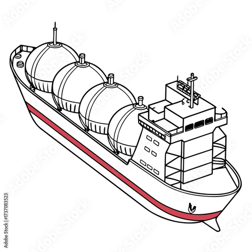 Stylized line drawing of a large cargo ship carrying spherical tanks across the ocean