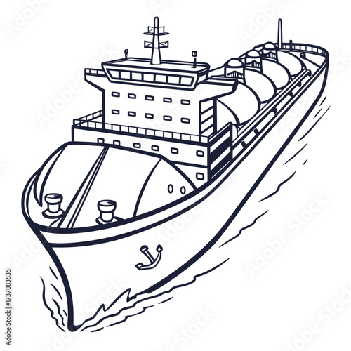 Stylized outline drawing of a large cargo ship with spherical tanks sailing on water