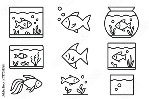 Fish and aquarium vector icon collection. Minimalistic line art symbols for web and graphic design. Includes fish tank, fishbowl, goldfish, angelfish, and aquatic pet icons.