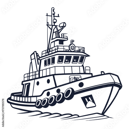 Stylized outline illustration of a modern tugboat navigating through gentle waves