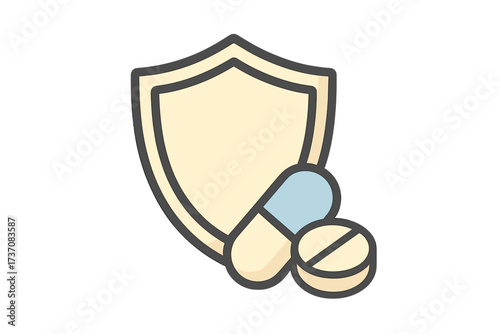 Health protection shield with pills. Medical insurance concept. Pharmacy logo. Healthcare and medicine symbol. Immune system defense icon. Vitamin supplement and treatment vector.