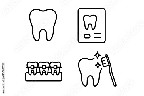Minimalistic Linear Tooth Icon Set for Dentistry, Orthodontics, Braces, Dental Cleaning, Oral Health Care Vector for Graphic Design, Apps, Banners, Social Media