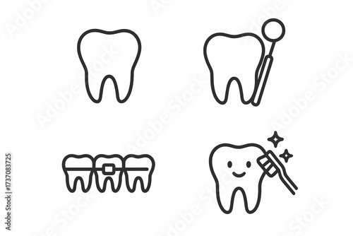 Minimalistic Linear Tooth Dentistry Icons Set, Dental Braces, Cleaning Tools, Smiling Tooth with Toothbrush, Dentistry Care Vector Pictograms for Web, Apps, Banners, Social Media
