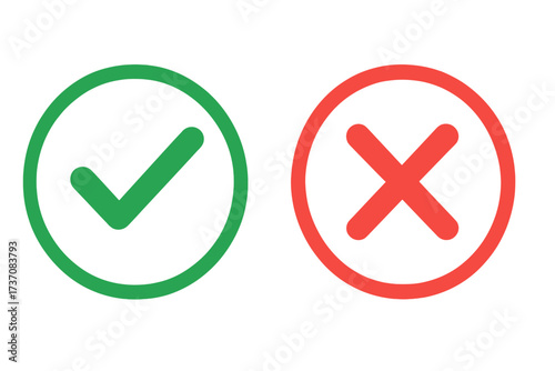Green check mark and red cross vector icon set. Tick and X symbols in circles. Yes and no choice buttons for vote. Approved and rejected signs. Right and wrong concept.