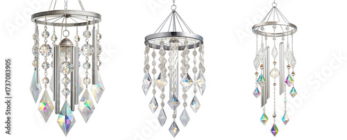 Elegant crystal wind chimes sparkle, adding a touch of magic and whimsy to any space with their delicate prisms and soothing sounds for relaxation