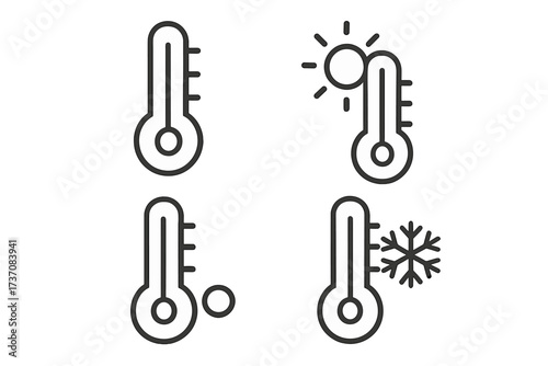 Minimalistic Thermometer and Temperature Icons Set. Linear Pictogram Collection Featuring Hot, Cold, and Normal Temperature Symbols for Web, App, Banner, and Social Media Design.