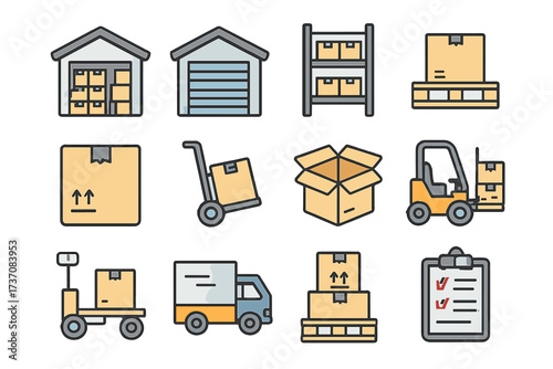 Logistics and shipping icon set. Warehouse storage, delivery service pictograms. Filled outline icons of forklift, truck, pallet, box for web design and graphic resources.
