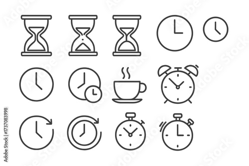 Time icon collection with hourglass symbols, coffee break cup, alarm clock, classic clock faces, stopwatch and timer, vector cartoon illustration for apps and concept design