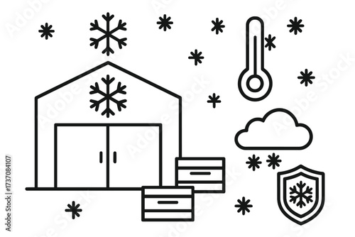 Cold storage warehouse outline icon set. Vector illustration for freezer, refrigeration, logistics. Frozen food supply chain, preservation, and temperature control concepts.