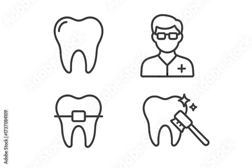 Minimalistic Tooth Dentistry Braces Cleaning Line Icon Set, Dental Care Vector Pictograms for Web Design, Apps, Banners, Social Media, Oral Health Symbols