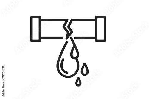 Broken pipe with water leak icon. Plumbing accident, burst pipeline concept. Water damage, dripping, leakage problem symbol. Emergency repair service. Outline vector logo design.