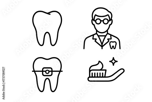 Tooth dentistry icons pack with braces, dentist, dental care, and cleaning toothbrush symbols. Minimalistic linear vector pictograms for web, apps, banners, and graphic design.
