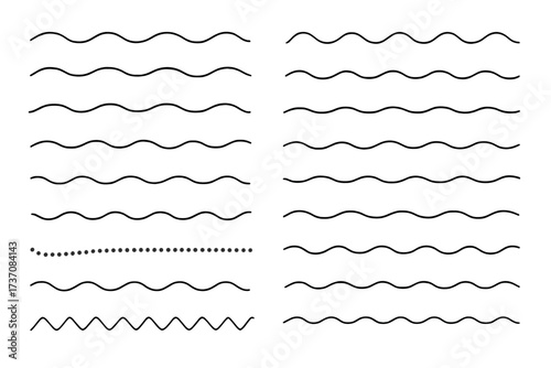 Set of wavy, zigzag, and dotted horizontal lines. Collection of simple hand-drawn wave line art for dividers, borders, and underlines. Minimalist graphic design element vector.