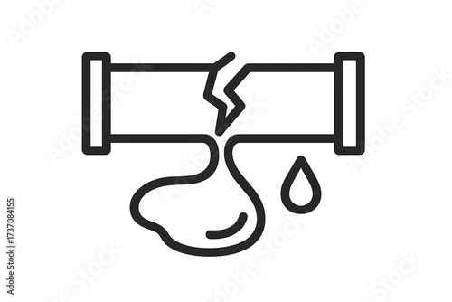 Broken pipe water leak icon. Plumbing problem, pipeline burst, and water damage symbol. Leaking tube, drainage crack, and dripping liquid. Emergency repair vector.
