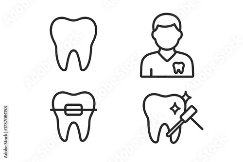 Minimalistic Linear Tooth Dentistry Icon Pack with Braces and Cleaning Symbols for Web Design, Apps, Banners, Social Media, and Graphic Projects, Vector Cartoon Set