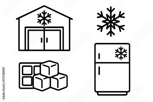 Cold storage and refrigeration outline icon set. Vector line art symbols for freezer, warehouse, ice cubes, and snowflake. Logistics and food preservation concept icons.