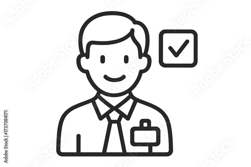 Approved employee icon. User verification and identity validation. Man with checkmark. Staff hiring, HR recruitment. Qualified candidate avatar. Profile verified pictogram vector.