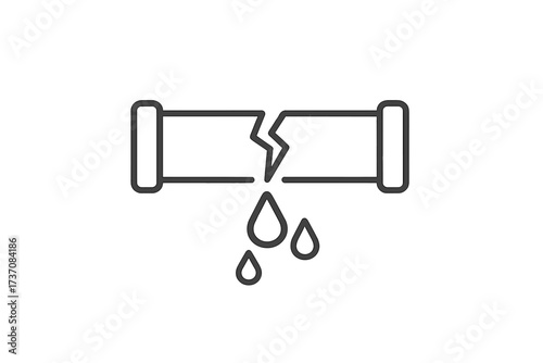 Broken pipe water leak icon. Burst pipeline with dripping drop. Plumbing problem, leakage and water damage concept. Pipe crack, failure, drain emergency and repair symbol.