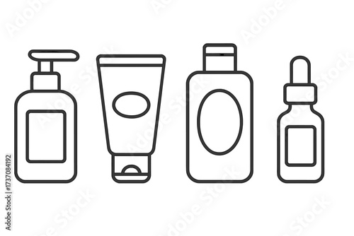 Skincare packaging line icon set. Vector cosmetic bottles, cream tube, lotion dispenser, serum dropper. Outline symbols for beauty products. Container mockup illustration.
