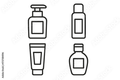 Cosmetic bottle and tube outline icon set. Vector collection of beauty product packaging symbols. Skincare container, dispenser, lotion, shampoo, cream illustration.