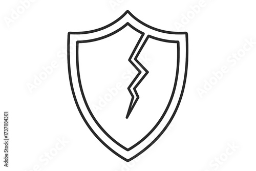 Cracked shield linear icon. Broken protection and security symbol. Metaphor for vulnerability, risk, system failure, data breach. Unsafe, defenseless concept vector illustration.
